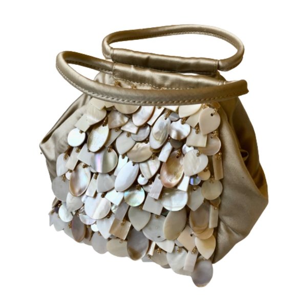 Evening Satchel Handbag Dangling Shell Beads Vintage Double Handles - Picture 10 of 11